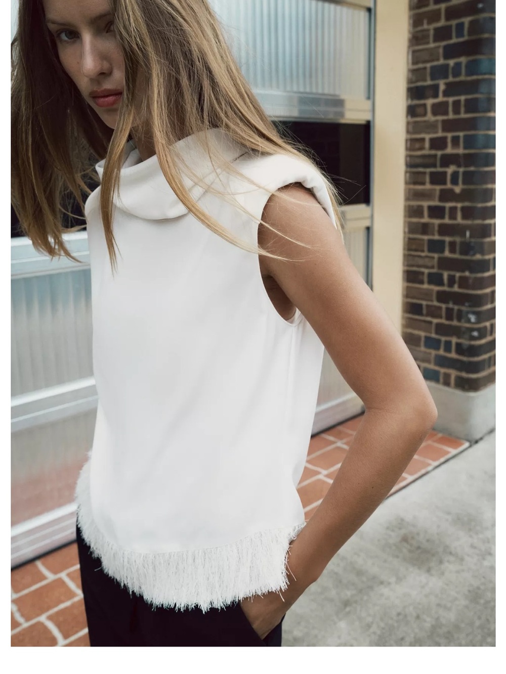 Zara shoulder pad fringed top